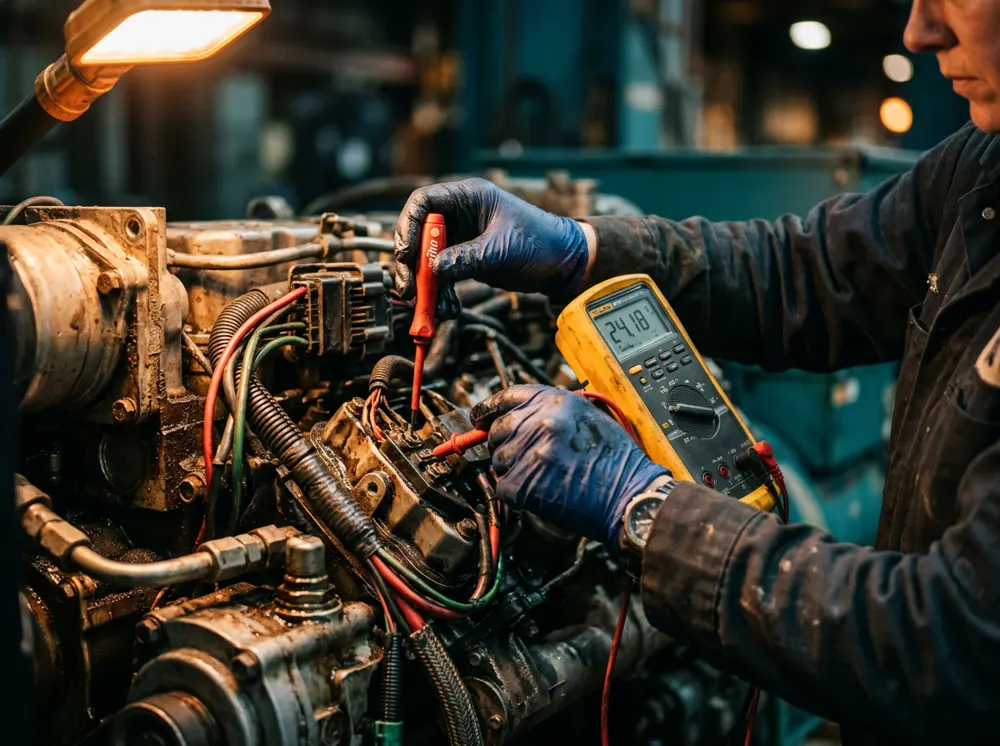 Técnico realizando manutenção em gerador